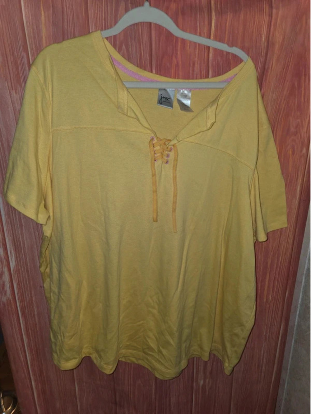 JMS Just My Size Yellow Lace Up V-Neck T-Shirt Top Pink Accents [Insert Size]